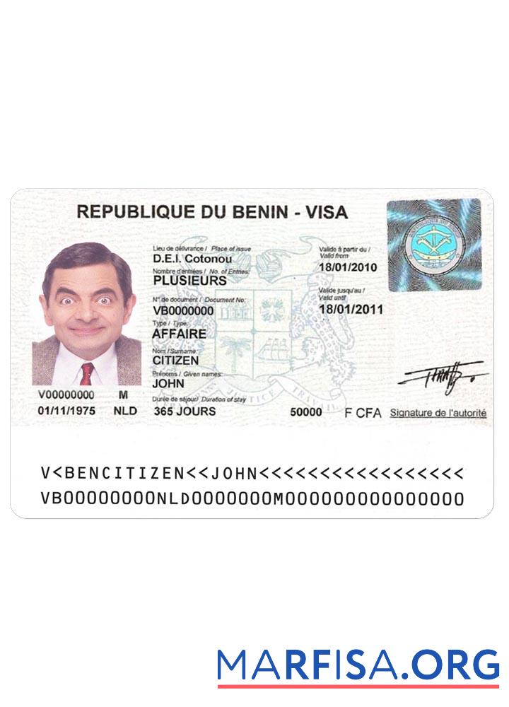 Printable Benin visa example
